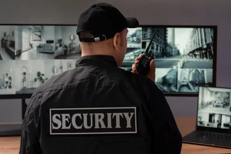 A uniformed security officer monitoring live surveillance screens