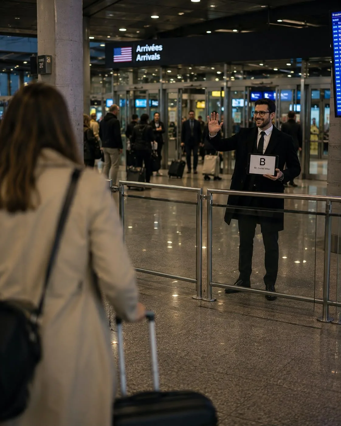 A modern airport departures terminal at dusk